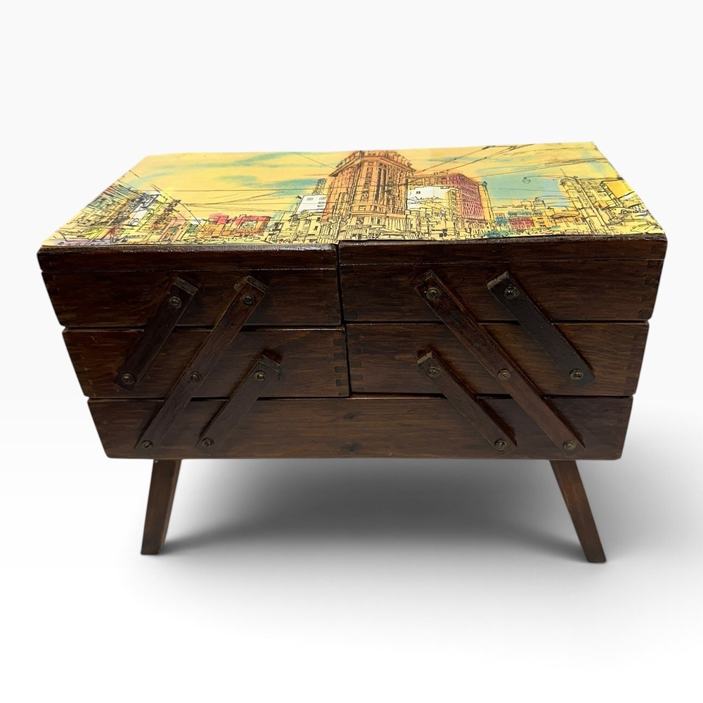 Vintage MCM Wood Accordion Sewing Box 3 Tier Cantilever Legs Cityscape Lid